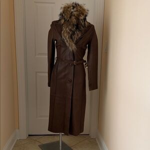 Jones New York Brown Leather Coat with Faux Fur